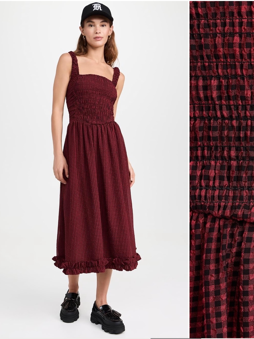 Ganni Sheer Fluid Check Midi Strap Smock Dress